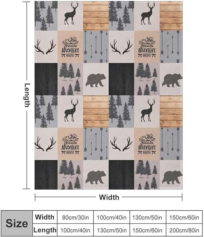 Rustic Cabin Throw Blanket, Retro Camping Bear Deer Farmhouse Wildlife Tree Forest Brown Gray Print Warm Flannel Blanket for Bedroom Camping Travel, 50"x60"