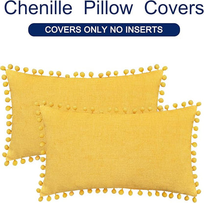 CaliTime Throw Pillow Covers Decorative 20 X 12 Inches Pack of 2 Cozy Solid Dyed Soft Chenille Cushion Cases with Pom Poms for Couch Sofa Bed Living Room Home Mustard Yellow