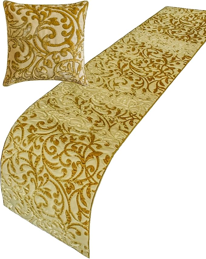 HomeCentric Beige Gold Decorative Bed Runner - Twin 53"x18" with Two Pillow Covers, Cut Velvet, Beaded Bed Scarf on Velvet Fabric - Serene Symphony