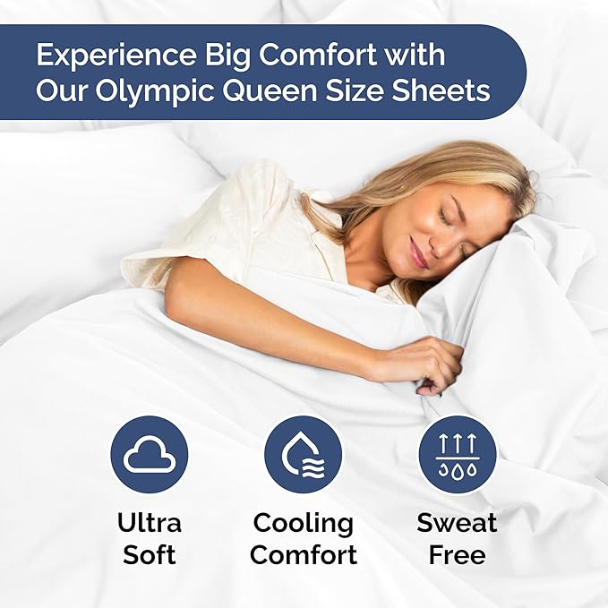 Olympic Queen Sheet Set 66x80 – Luxury RV Olympic Queen Sheets – Soft, Cooling, Comfy & Breathable - 1 Flat, 1 Fitted & 2 Pillowcases w/ 14" to 16" Deep Pockets – Wrinkle Resistant & Fade Free – White