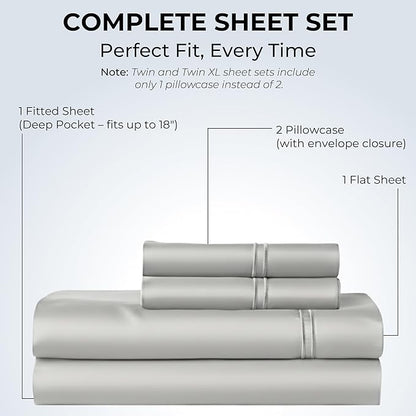 100% Natural Cotton Bed Sheets | 500 TC Single-Ply Sateen Weave Full Size Sheets | Soft, Breathable, Hypoallergenic Solid 4-Piece Bedding with Deep Pocket Fitted, Flat, Pillowcase | Grey