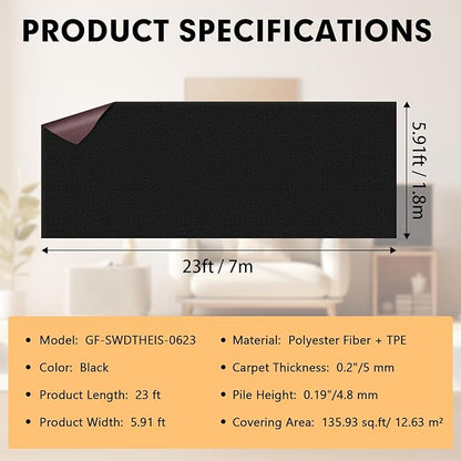 Marine Carpet,6 FT x 23 FT Black Indoor Outdoor Carpet 0.2" Thick Boat Carpet with Water-Proof TPE Backing, Non-Slide Outdoor Marine Carpet Roll for Home, Patio, Porch, Deck