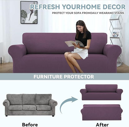 LURKA Stretch Sofa Slipcovers 1 Piece Couch Covers for 3 Cushion Couch Sofa Furniture Protector Full Sofa Covers with Elastic Bottom for Kids and Dog (Large, Purple)