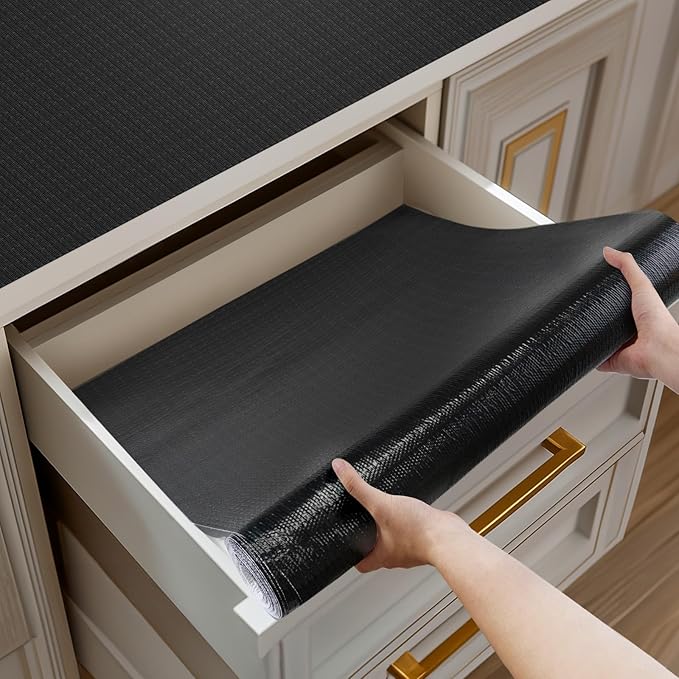 Shelf and Drawer Liner for Kitchen Cabinets Non-Adhesive, Strong Grip Non-Slip Thickened Cabinet Liners for Shelves, Waterproof Mats for Dresser Cupboard, Black, 17 in x 30 Feet