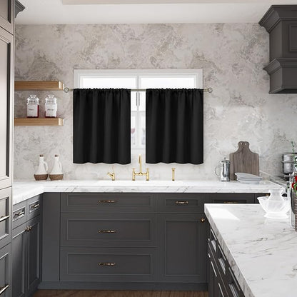BGment Small Black Curtains 34x30 Inch for Short Window - Rod Pocket Half Window Drapes for Kitchen Cafe Decorative Thermal Insulated Room Darkening Blind Rv Camper Privacy, 2 Panels
