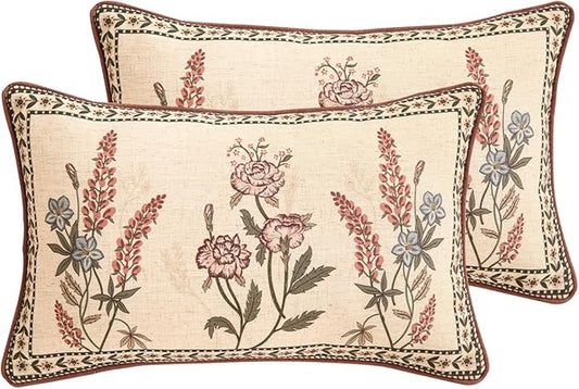 ISAENNE Design Linen Vintage Throw Pillow Covers 12"x20" Pack of 2, Rectangle Cushion Covers with Red Purple Flowers Green Leaves Pattern Decoration Pillowcases for Bed,Living Room,Outdoor,Car