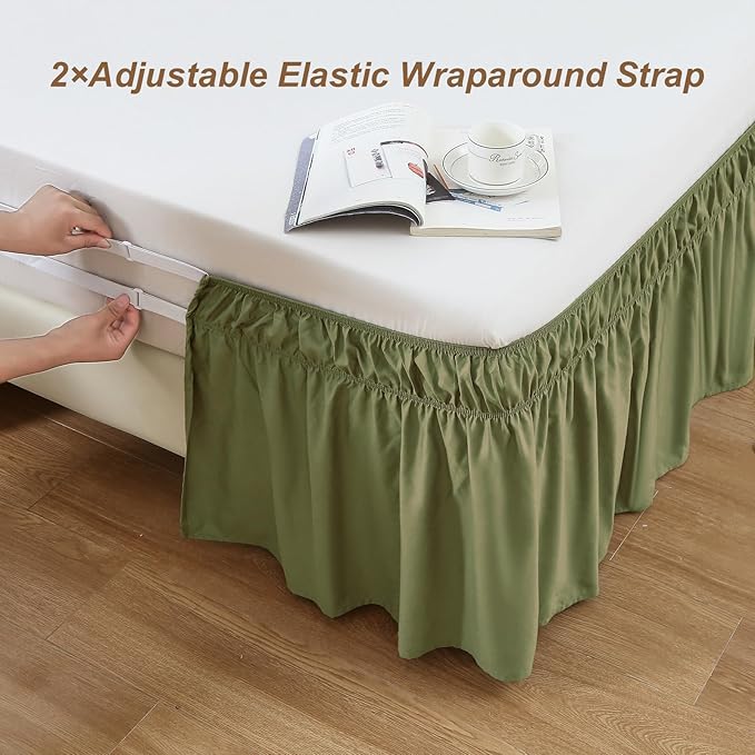 MEILA Queen Bed Skirt, Wrap Around Ruffle Bed Skit for Queen Beds with 14 inch Drop, Elastic Dust Ruffles Easy Fit Wrinkle & Fade Resistant, Sage