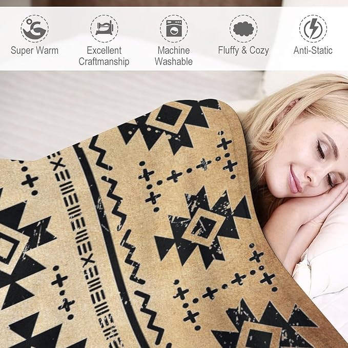 Tribal Aztec Throw Blanket, Southwestern Native Blanket, Vintage Ethnic Abstract Geometric Print Throws Cover for Couch Chair Sofa Bed Outdoor Beach Travel 50"x60"