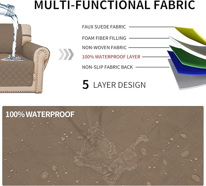 Easy-Going Sofa Slipcover Waterproof Sofa Cover Couch Cover for 4 Cushion Couch with Elastic Straps Washable Non-Slip Furniture Protector Cover for Pets, Dogs, Cat (XX-Large, Camel)
