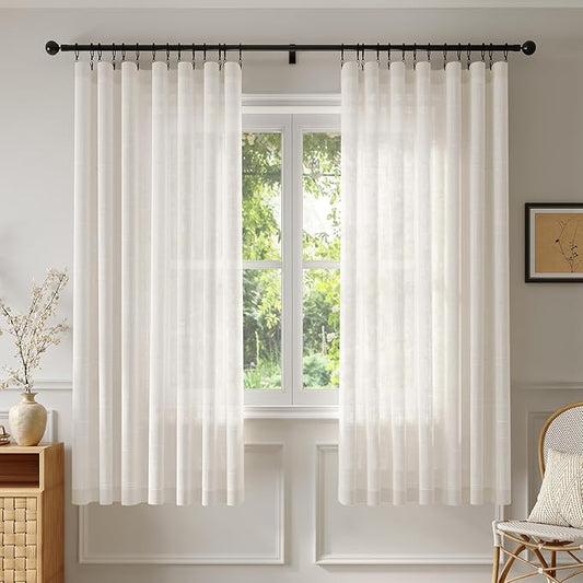 Anmao Natural Linen Curtains for Living Room 72 Inch Length 2 Panels Set, Light Filtering Semi Sheer Window Curtain Drapes for Bedroom with Curtain Rings and Clips, 52Wx72L, Ivory