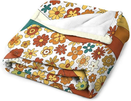 70s Retro Floral Throw Blanket, Boho Groovy Wavy Geometric Hippie Cute Flowers Yellow Orange Abstract Print Blanket for Holiday Theme Home Decor Bedding Couch and Gift 40"x50"