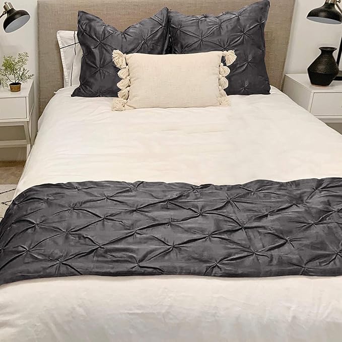 Bed Runner Set - 100% Pure Cotton 800 Thread Count - Luxury 1 Pinch Pleated Bed Runner and 2 Pillow Cover - 3 Piece Pinch Pleated Bed Runner Set Twin, Dark Grey