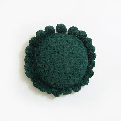 Acrylic Knitted Round Throw Pillow Knitting Bohemian Circular Cushion Pillow with Knit Handmade Pompoms Decorative Dark Green, Diameter 18inches