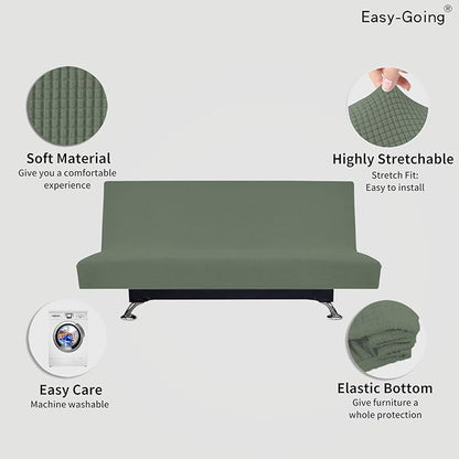 Easy-Going Stretch Futon Slipcover Armless Futon Bed Cover Furniture Protector Without Armrests with Elastic Bottom for Kids, Soft Jacquard Fabric Small Checks (Large, Greyish Green)