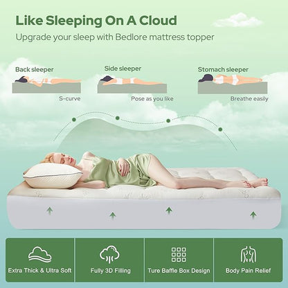 BEDLORE Twin XL Mattress Topper Viscose Derived from Bamboo, Thick Pillow Top Mattress Pad with Deep Pockets for 6-15 inches Mattress, Soft Mattress Topper College Dorm Size for Back Pain Relief
