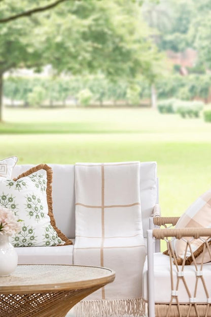 Hofdeco Premium Coastal Decorative Throw Blanket for Patio Couch Sofa, Neutral Tan Plaid with Fringe, 52"x71"