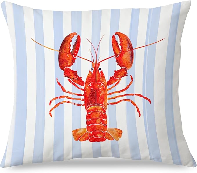 Coastal Lobster Pillow Covers, New England Nautical Red Lobster Blue White Stripes Throw Pillow Covers for Beach House Summer Home, Preppy Beach Room Decor, Easter Coast Seafood Decor