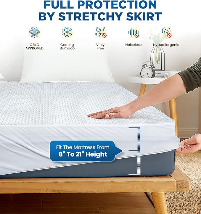 Premium 100% Waterproof Twin Mattress Protector Breathable Cooling 3D Air Fabric Mattress Cover Smooth Soft Hypoallergenic Noiseless Bed Cover Machine Washable Vinyl Free 8-21'' Deep Pocket