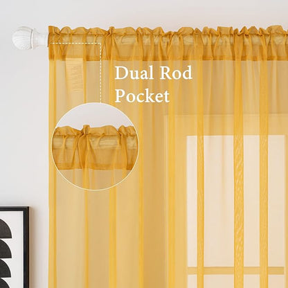MIULEE 2 Panels Solid Color Sheer Window Curtains Elegant Window Voile Fall Panels/Drapes/Treatment for Bedroom Living Room (54X45 Inches Gold)