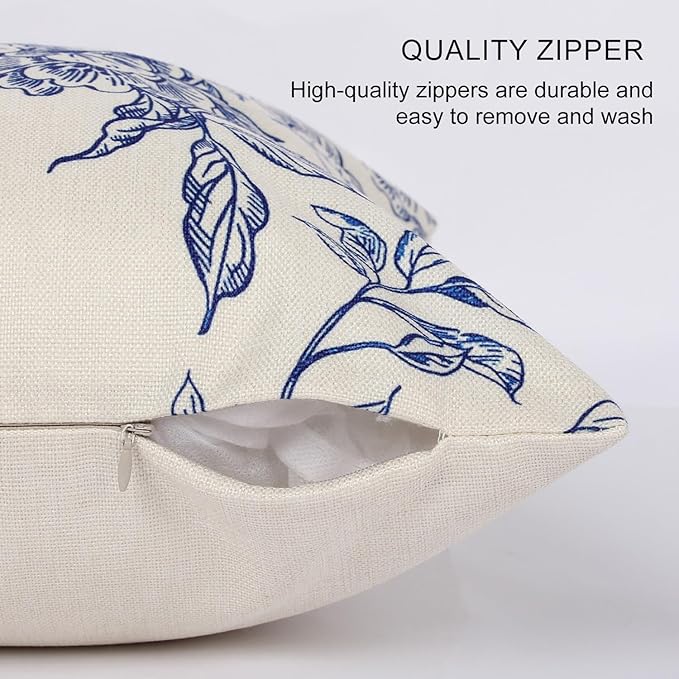 Vintage Floral Pillow Cover 18x 18 Set of 2,Blooming Flower Decorative Waterproof Linen Pillow Cushion Case,Modern Home Decor for Outdoor Couch Bedroom Car Blue and White
