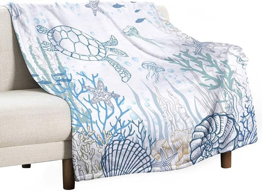 Nautical Turtle Throw Blanket, Coastal Sea Ocean Theme Coral Starfish Seashell Jellyfish Undersea Life Fleece Blanket for Summer Home Bed Sofa Couch Chair, 50"x60"