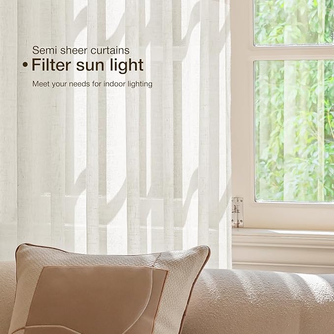 Anmao Natural Linen Curtains for Living Room 80 Inch Length 2 Panels Set, Light Filtering Semi Sheer Window Curtain Drapes for Bedroom with Curtain Rings and Clips, 52Wx80L, Ivory