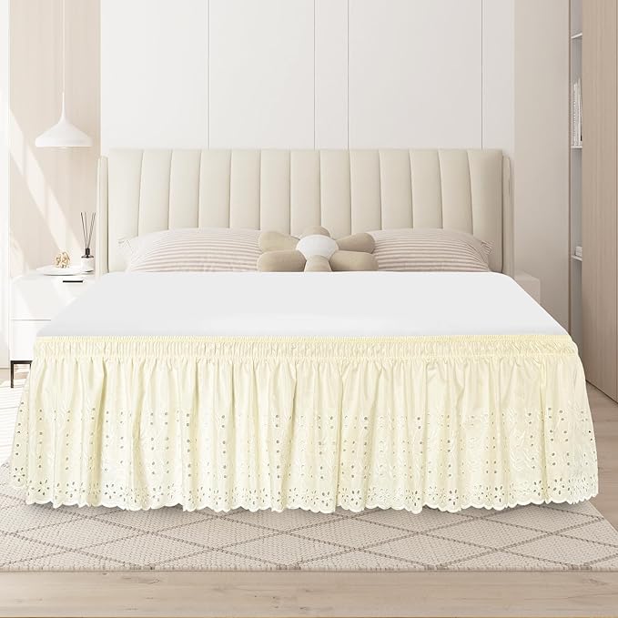 Full Bed Skirt, Wrap-Around Elastic Ruffled Eyelet Bed Skirt Full Size Dust Ruffle with Gathered Styling and Embroidered Details, 18" Drop Length (Light Yellow)