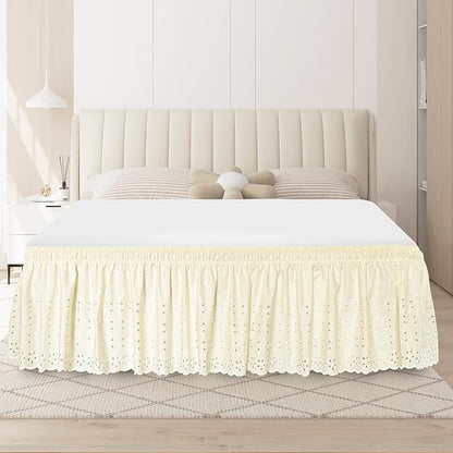 Full Bed Skirt, Wrap-Around Elastic Ruffled Eyelet Bed Skirt Full Size Dust Ruffle with Gathered Styling and Embroidered Details, 18" Drop Length (Light Yellow)