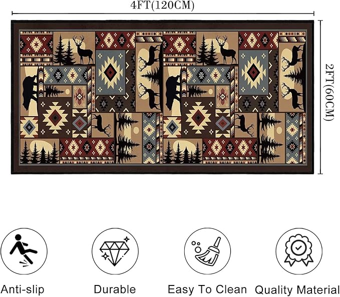 Rustic Rug 2x4,Cabin Wildlife Buffalo Plaid Bear Moose Deer Country,Ultra-Thin Throw Carpet Washable Kitchen Rug Runner Vintage Entryway Floor Mat Non Slip Indoor Door Mat for Hallway,Bedroom,Bedside