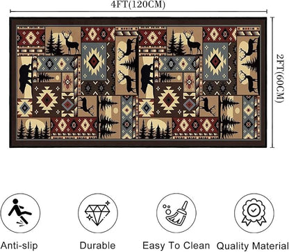 Rustic Rug 2x4,Cabin Wildlife Buffalo Plaid Bear Moose Deer Country,Ultra-Thin Throw Carpet Washable Kitchen Rug Runner Vintage Entryway Floor Mat Non Slip Indoor Door Mat for Hallway,Bedroom,Bedside