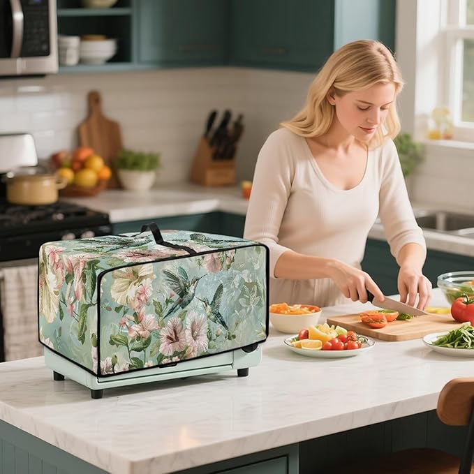 Air Fryer Toaster Oven Dust Cover Protective Convection Oven Cover with Pockets and Handle for Kitchen Countertop, M, 16.5 x 20.5 x 10 Inches, Retro Hummingbird Hibiscus Flower Green