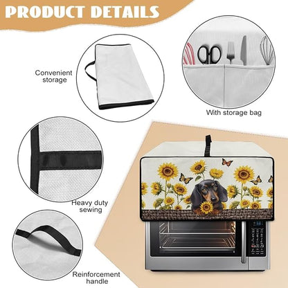Dachshund Dog Sunflower Butterfly Print Microwave Oven Dust Cover Dustproof Microwave Toaster Oven Cover Polyester-Linen Fabric Kitchen Machine Covers for Toaster Oven Air Fryer, L