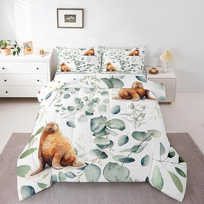 Erosebridal Cartoon Seal King Comforter Set Toddler Ocean Wildlife Bedding Set King, Spring Plant Bedding Comforter Sets Eucalyptus Leaf Duvet Set, Sea Animal Theme Quilted Comforter Kids Room Decor