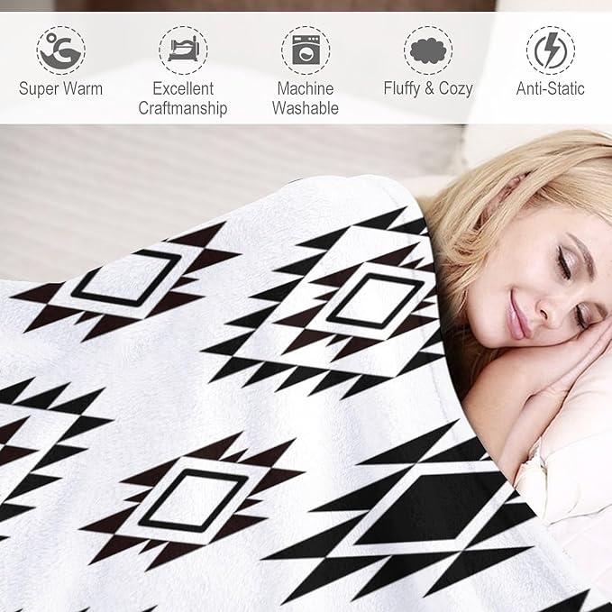 Boho Throw Blanket, Black and White Native Blankets, Vintage Tribal Aztec Printed Flannel Blanket for Chair Bed Sofa Couch 40"x50"
