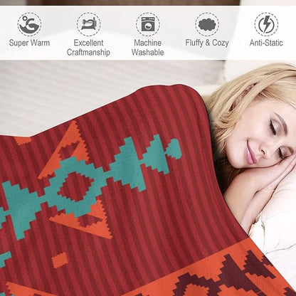 Aztec Throw Blanket, Red Native Southwestern Boho Blanket for Couch Bed Chair Outdoor Travel 60"x80"