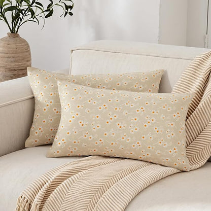 Spring Flower Lumbar Throw Pillow Cover 12x 20 Set of 2, Embroidered Daisy Farmhouse Linen Pillow Cushion Cases, Decorative Pillows for Bed, Outdoor Couch Bedroom Car Cream