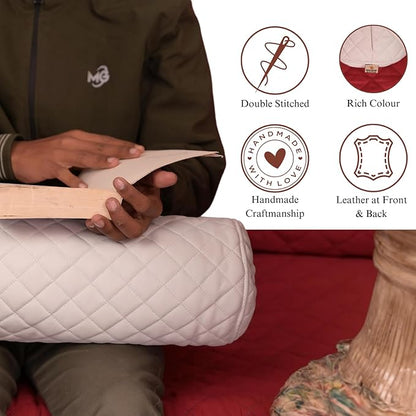 Neck Roll Pillow Cushion Cover, 22x5 Inch Full Moon Round Bolster Pillow Case, Cylinder Soft Lambskin Leather Pillowcase for Head, Spine & Neck Support During Sleep - Quilted White Pack of 2