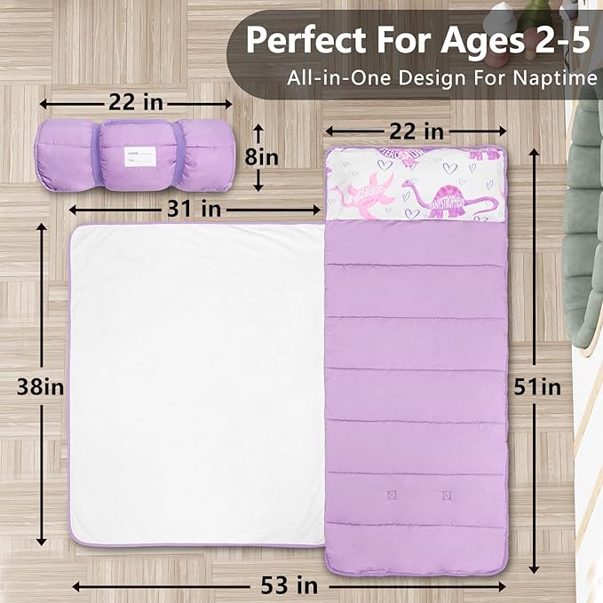 Primlect Lightweight Toddler Nap Mat Perfect for Warm Sleepers, Portable Sleeping Bag with Removable Pillow and Fleece Blanket, Washable, Great for 3 Seasons, Daycare, Preschool, Boy and Girls