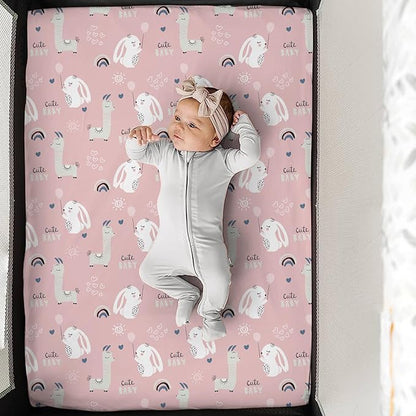 Pack n Play Sheets, BROLEX 2 Pack Mini Crib Sheets,Stretchy Portable Fitted Playard Sheet Set, Convertible Playard Mattress Cover,Ultra Soft Breathable Material,Elephant Rabbit