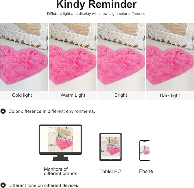 uxcell Heart Shaped Rugs for Bedroom,Small Aesthetic Carpet Girls,Cute Shaggy Floor Mirror Mat,Pastel Furry Throw Rug 2.3ftx3ft, Rose Red