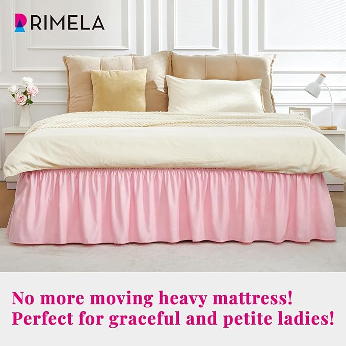 RIMELA Pink Bed Skirt King Size 15 Inch Drop, Elastic Bed Skirting for Bed Base and Frame, Bedding Dust Ruffle Easy to Install, Lightweight Comforter Set with Wrap Around Adjustable Bedskirt