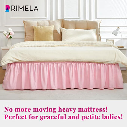 RIMELA Pink Bed Skirt Twin Size 15 Inch Drop, Elastic Bed Skirting for Bed Base and Frame, Bedding Dust Ruffle Easy to Install, Lightweight Wrap Around Adjustable Bedskirt