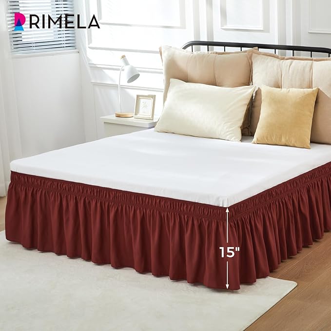 RIMELA Wine Red Bed Skirt King Size 15 Inch Drop, Elastic Bed Skirting for Bed Base and Frame, Bedding Dust Ruffle, Lightweight Wrap Around Adjustable Bedskirt, Cal King, Christmas Bedroom Decor