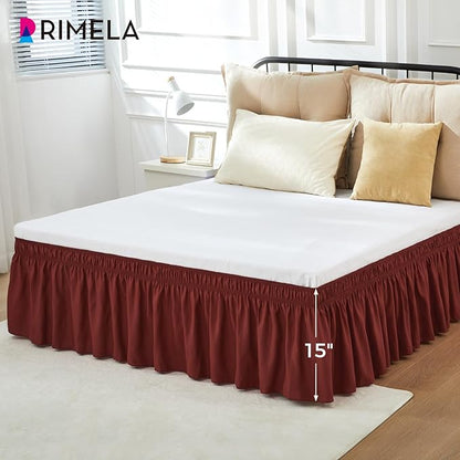 RIMELA Wine Red Bed Skirt Queen Size 15 Inch Drop, Elastic Bed Skirting for Bed Base and Frame, Bedding Dust Ruffle Easy to Install,Wrap Around Adjustable Bedskirt,Christmas Bedroom Decor