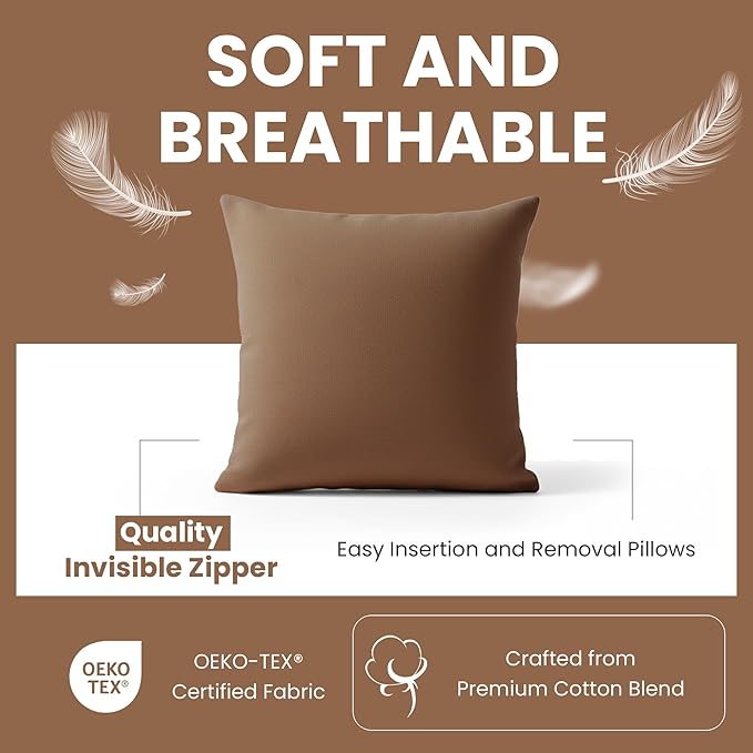 Haven & Glow Decorative Throw Pillow Cover – Square Cushion Case with Zipper | Modern Sofa, Couch & Bed Accent Pillow Covers for Living Room, Bedroom & Home Decor | 18 x 18 inches – Dark Brown – 2 Pc