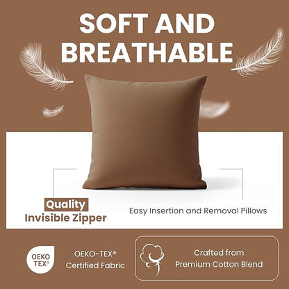 Haven & Glow Decorative Throw Pillow Cover – Square Cushion Case with Zipper | Modern Sofa, Couch & Bed Accent Pillow Covers for Living Room, Bedroom & Home Decor | 18 x 18 inches – Dark Brown – 2 Pc