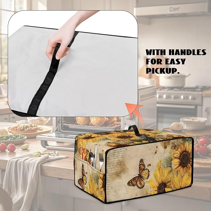 Microwave Oven Dust Cover Dust-Proof Sturdy Microwave Oven Cloth Cover Waterproof Kitchen Appliance Protector Suitable for Most Microwave Ovens, Vintage Sunflower Butterfly Letter Print, S