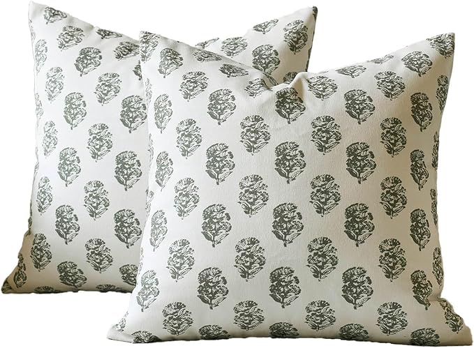 DOMVITUS Set of 2 Floral Pillow Covers 20x20, Block Print Pillow Covers Vintage Neutral Decorative Farmhouse Throw Pillow Covers for Couch Bed Living Room Dusty Green