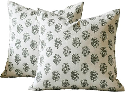 DOMVITUS Set of 2 Floral Pillow Covers 20x20, Block Print Pillow Covers Vintage Neutral Decorative Farmhouse Throw Pillow Covers for Couch Bed Living Room Dusty Green