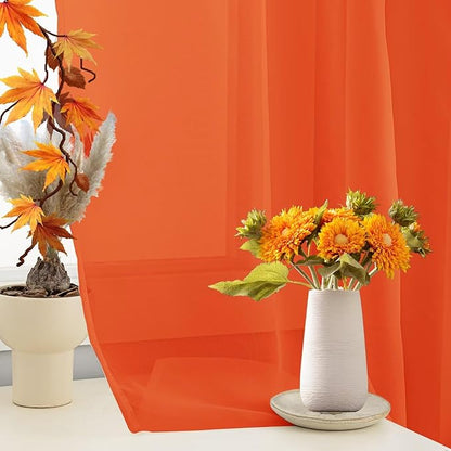 Sheer Curtains 63 Inches Long 2 Panels, Rod Pocket Short Curtain for Kitchen, Bedroom, Cafe Window(Burnt Orange 38" W x 63" L)